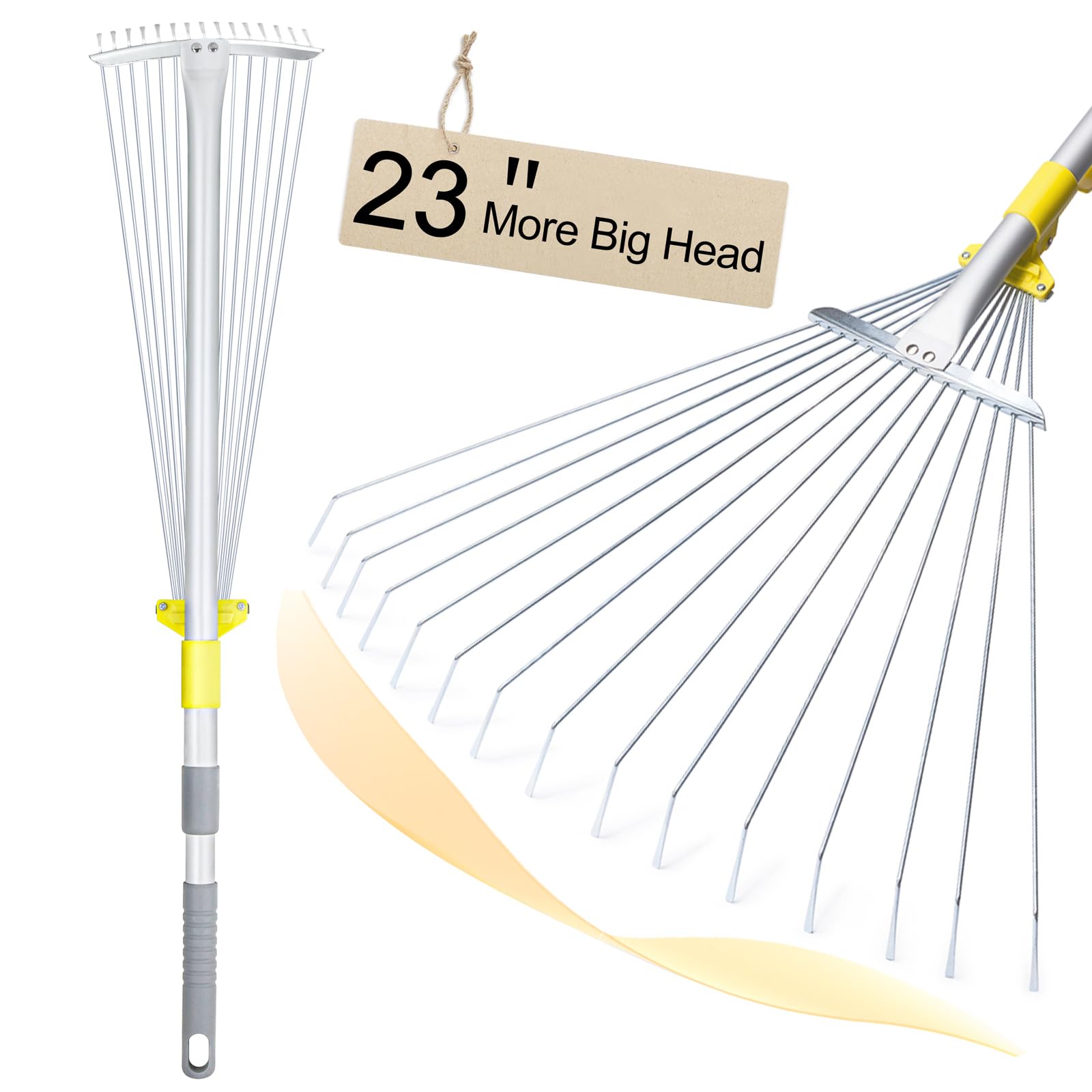 JARDINEER Adjustable Leaf Rake Long Handle, Lightweight Rake for Leaves with Expandable Head 17.8-58.5cm, Garden Rakes for Lawns Use by Men Women Kids(163cm)