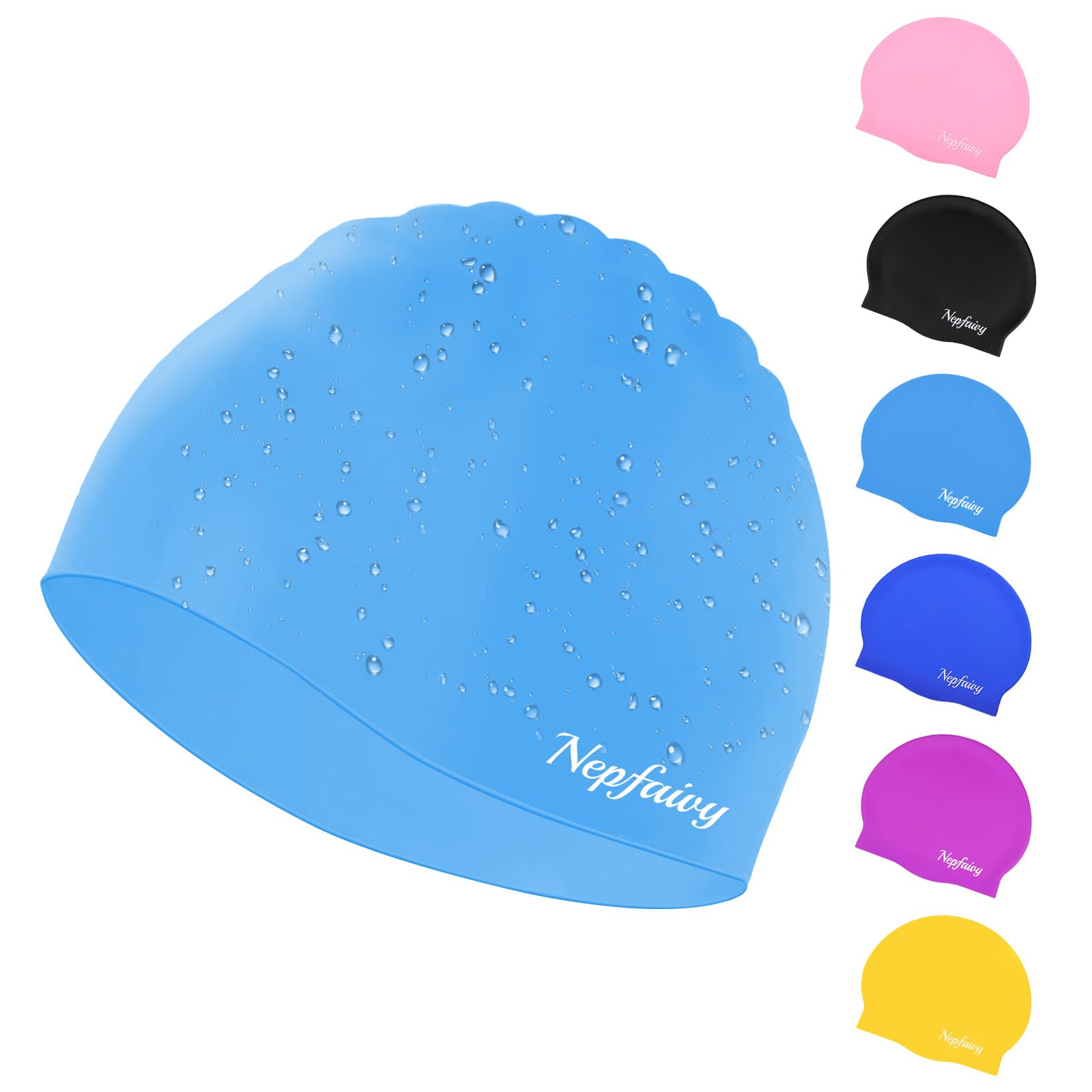Nepfaivy Kids Swimming Cap Waterproof - 100% Silicone Swimming Hat Kids, Comfortable Anti Slip Boys and Girls Swimming Cap, Stretchable and Durable Swim Cap for Children 6-14 Years (Sky Blue)