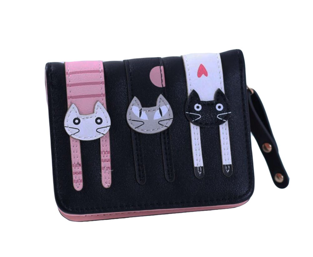 Diyafas Short Zipper Fashion Purse Women's Two Fold Leather Wallet Cartoon Cat Coin Case