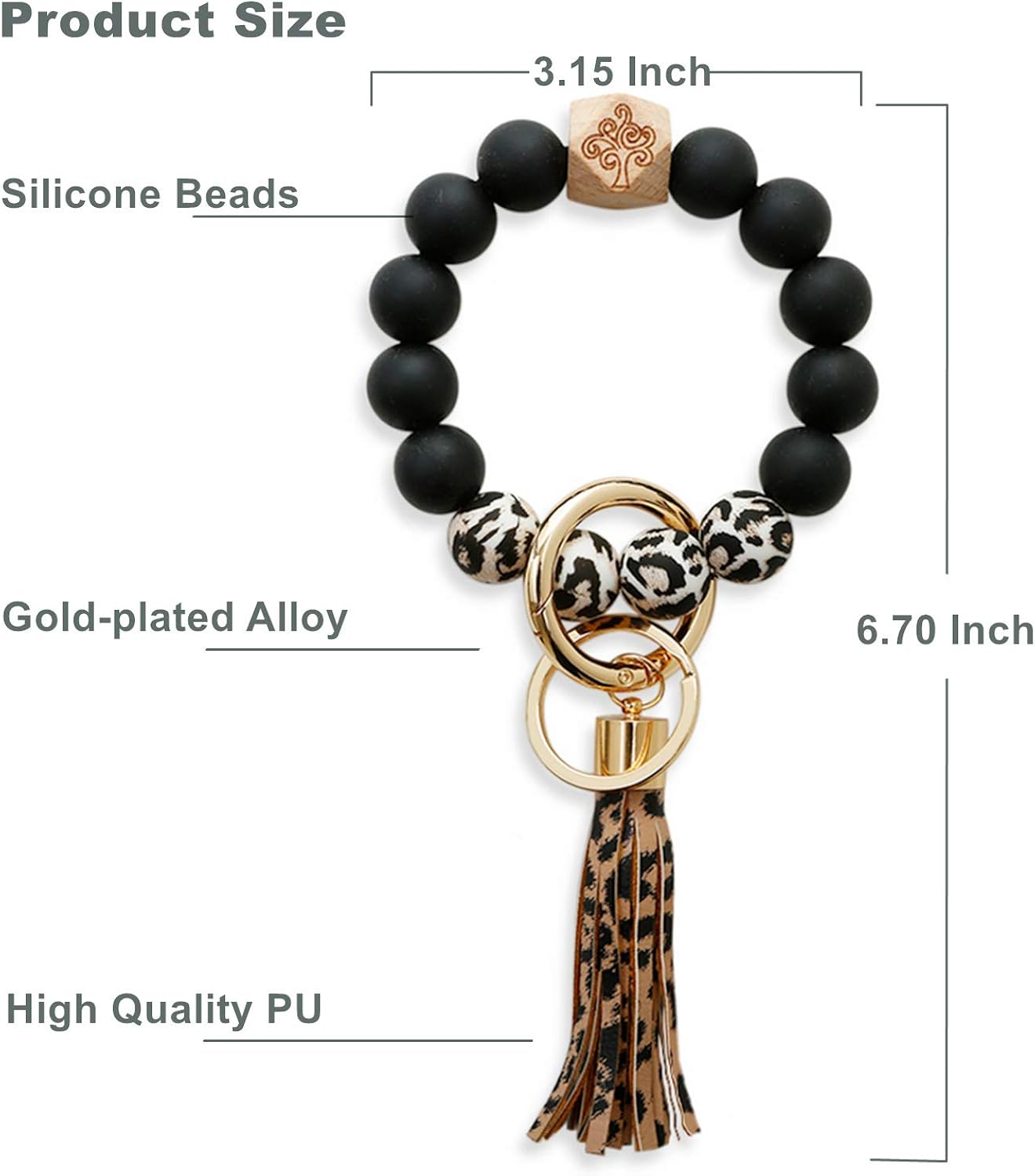 JIANYI Keychain Bracelet, Tassel Key Chain Silicone Wooden Beaded Wristlet Bangle, Portable Car Key Ring Holder (leopard, large): Clothing