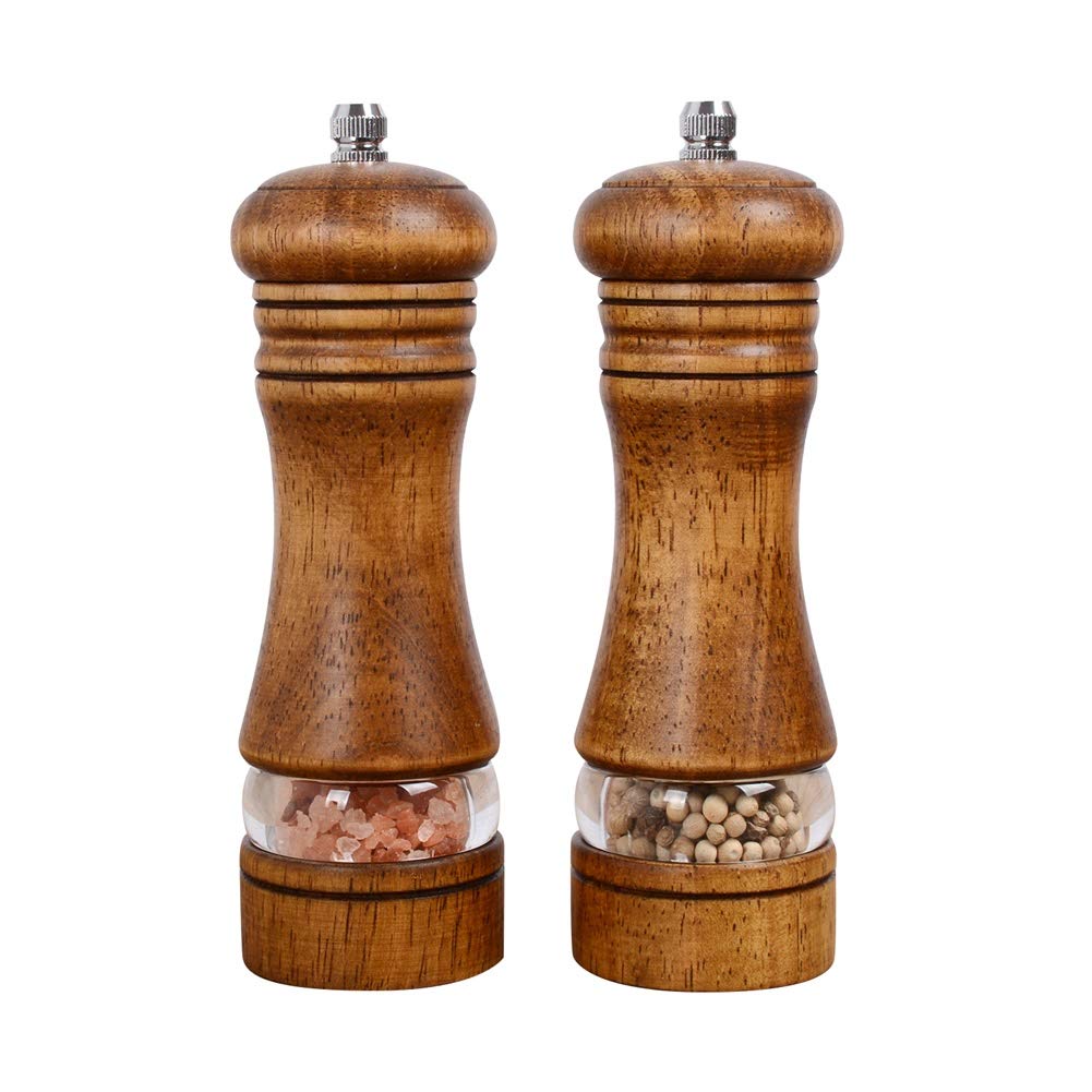 Haomacro Manual Pepper and Salt Mill, Wooden Adjustable Pepper Grinder Spice Shaker for Professional and Home Kitchen Use, Set of 2 Spice Grinders, 6.5 inches in Height