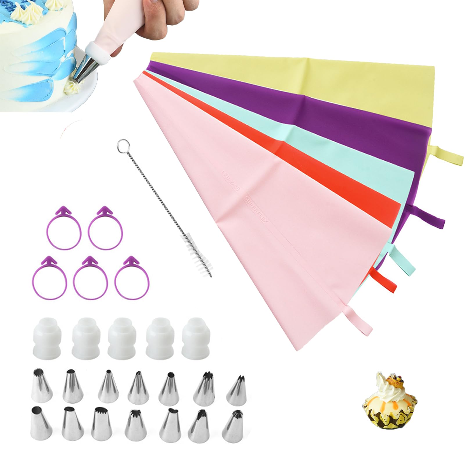 Ssiyiya 30pcs Icing Piping Bags and Nozzles Set, Cake Piping Nozzles Tips with Coupler & Cleaning Brush, Cake Decorating Pastry DIY for Decorating Cakes, Pastries, Cupcakes