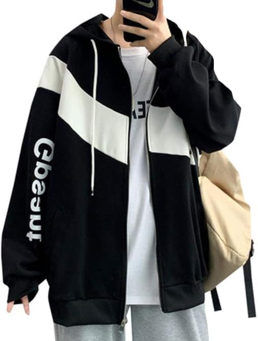 Amazon Debangniアウター メンズ ストリート系 ゆる ジップパーカー フードパーカー 韓国風原宿風 黒コート白コート 英字付け 体型カバー ビックシルエット メンズ 秋アウター コート ジャケット 通販