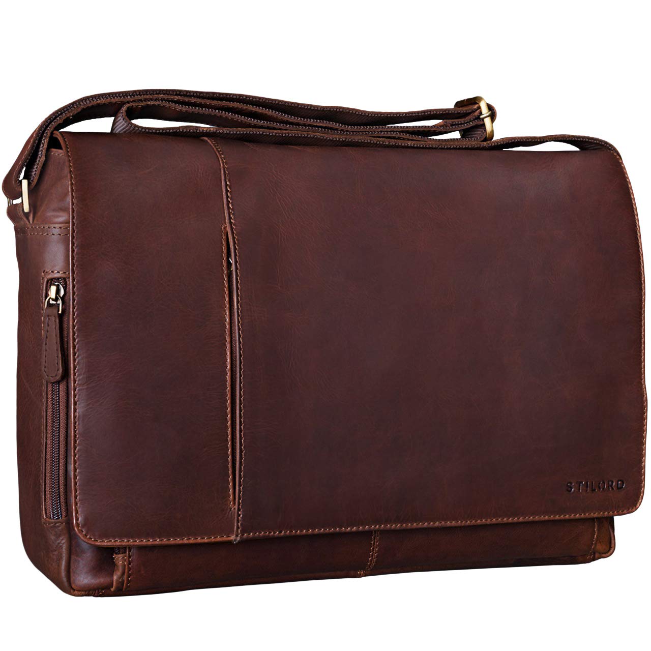 STILORD "Elias" Vintage Messenger Bag Leather Shoulder Cross-Body Laptop Bag 15.6 inches MacBooks Genuine Buff Leather Colour:Cognac Dark Brown — image 1