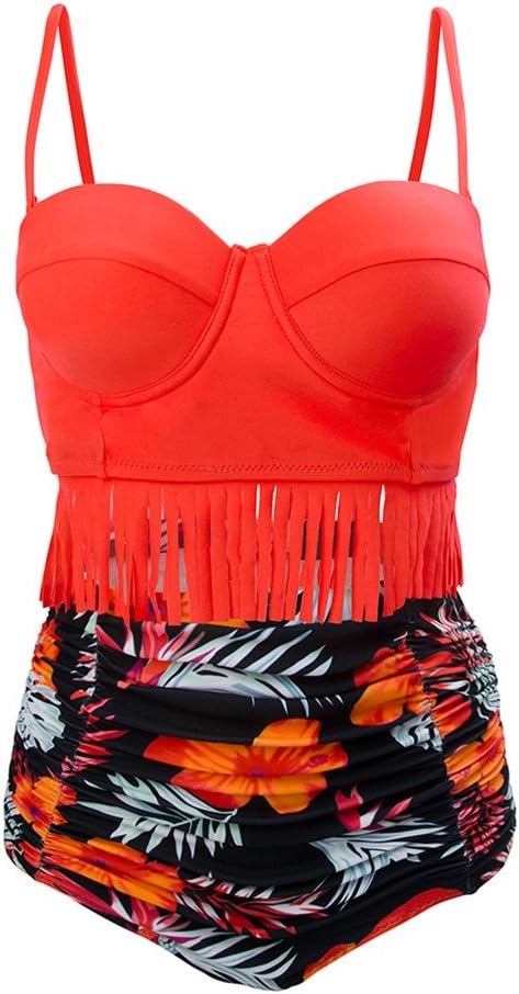 Lemiu Women's Tassel Vintage Floarl Two Piece High Waist Retro Swimwear Bikini Set