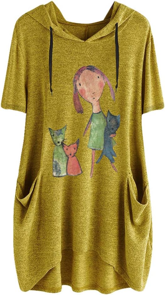 iNoDoZ Women's Print Short Sleeves Side Pocket Hooded Irregular Loose Casual Top Blouse Shirts