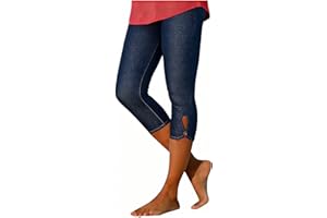 Women's Capri Jeans High Waisted Denim Look Strechy Leggings Tummy Control Yoga Capris Comfy Cropped Skinny Pants