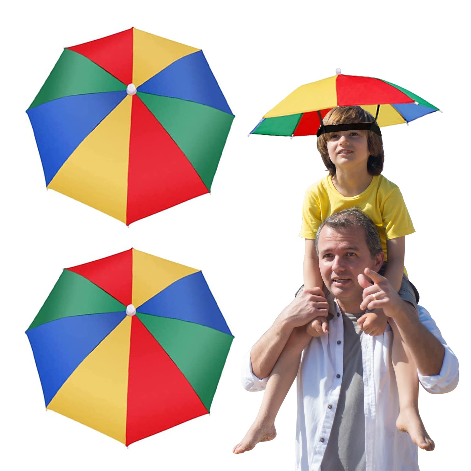 ZHIQIN 2 Funny Head Umbrella Hats Rainbow with Elastic Band Adult and Kids Folding Cap For Beach Fishing Golf Party