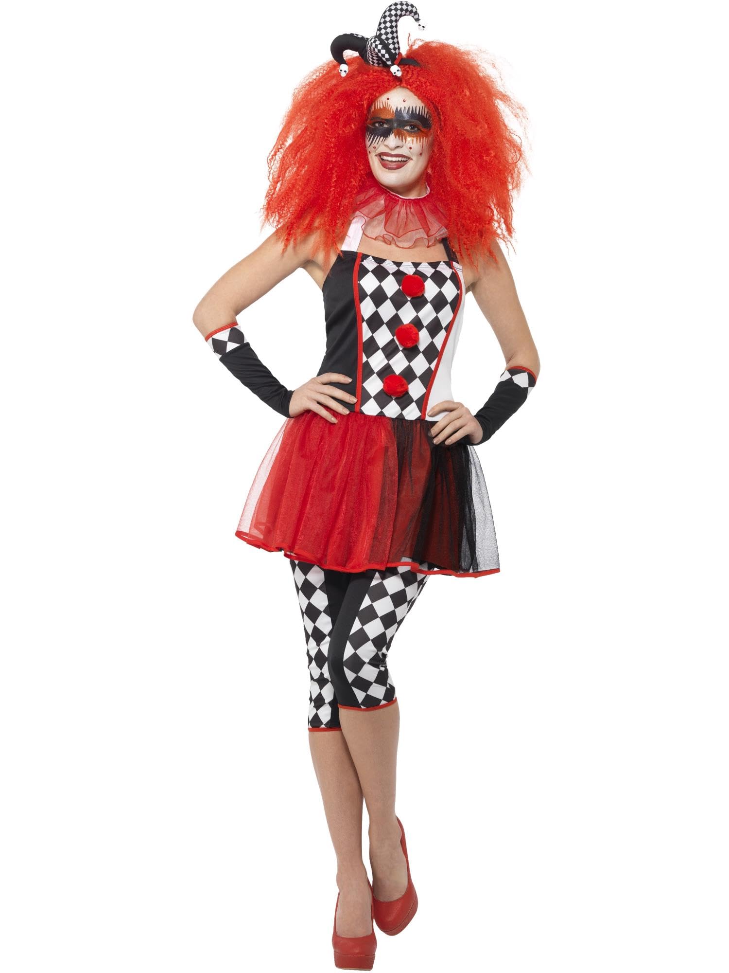 Smiffys Twisted Harlequin Costume, Black & Red with Dress, Legging, Glove, Neck Ruffle & Headband, Halloween Cirque Sinister Fancy Dress, Jester Dress Up Costumes