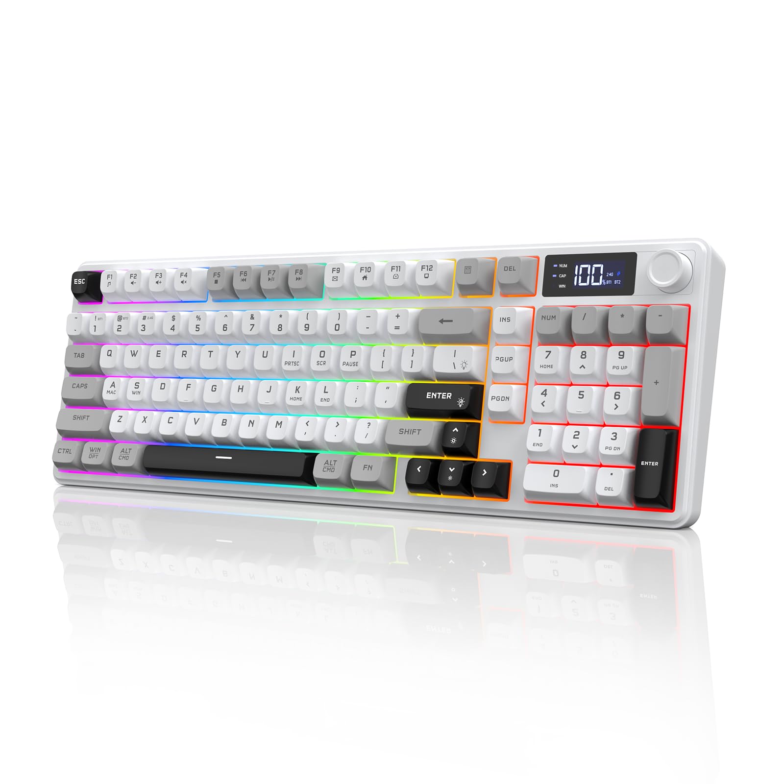 Wireless Gaming Keyboard with Smart Display & Knob Control, Tri-Mode BT5.0/2.4GHz/Wired RGB Backlit Computer Keyboards with Number Pad, 26-Key Rollover, Compatible for Windows, Mac