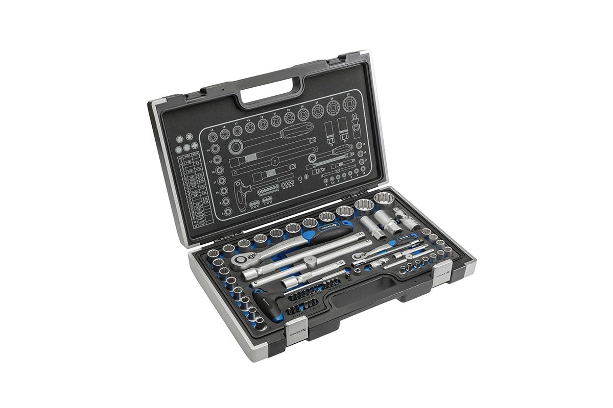 Högert Technik - 60-piece Tool Set Tool case Socket Wrenches, bits and Accessories 1/4‘, 1/2’ Cr-V, Deformation-Resistant I Ratchet Mechanism with 72 pawls Set for DIY Enthusiasts Garage, Household