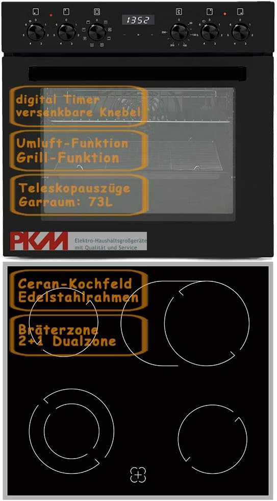PKM Einbauherd Set Backofen Ceran Kochfeld mit Edelstahlrahmen Herd Set Schwarz | Bräterzone | Teleskopauszüge | Timer | 2+1 Dualzone | Edelstahlrahmen | Heißluft | Umluft | Grill