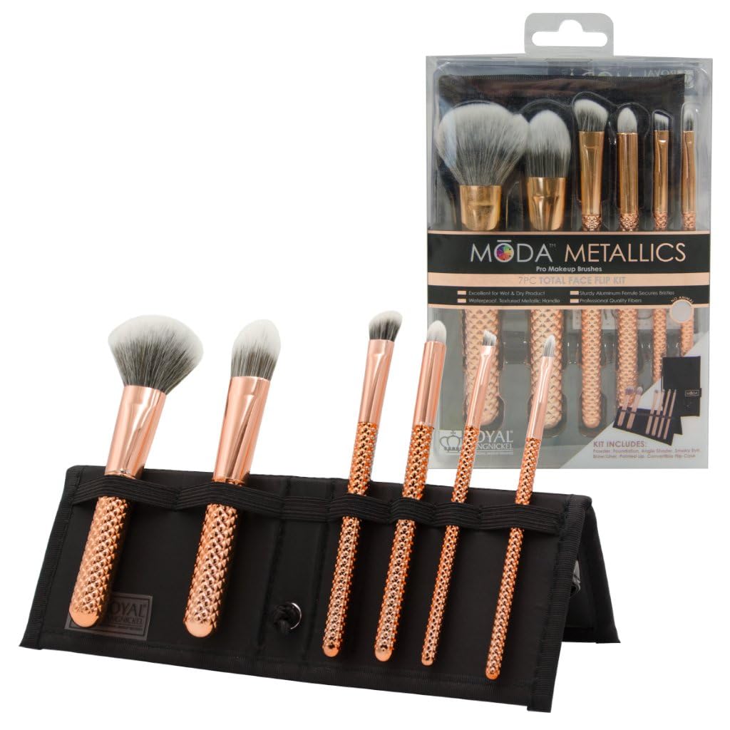 Moda Royal & Langnickel Travel Size Metallics Total Face Makeup Brush Set with Pouch, Includes - Powder, Foundation, Angle Shader, Smoky Eye, Brow Liner and Pointed Lip Brushes, Rose Gold, MSET-TF7RG