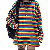 Women Girls Rainbow Striped T Shirt Oversized Long Sleeve Pullover Sweatshirt Tops for Causal Street Wear Festivals