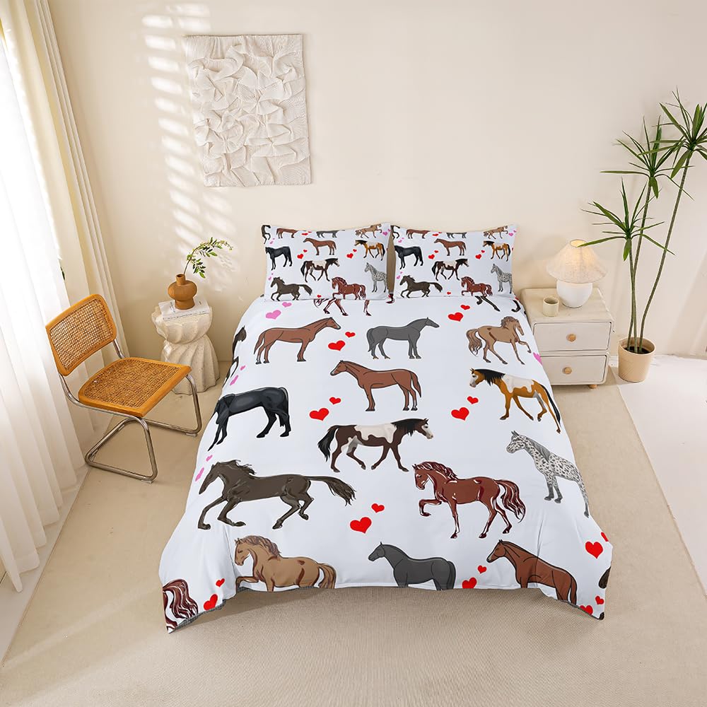 Cute Horse Bed Linen for Kids Girls Ponies Heart Bedding Set Cartoon Farm Animals Duvet Cover Horse Fuzzy Bedding &Linen Kids Bedding Wildlife Comforter Cover Double Bed Cover with 2 Pillowsham