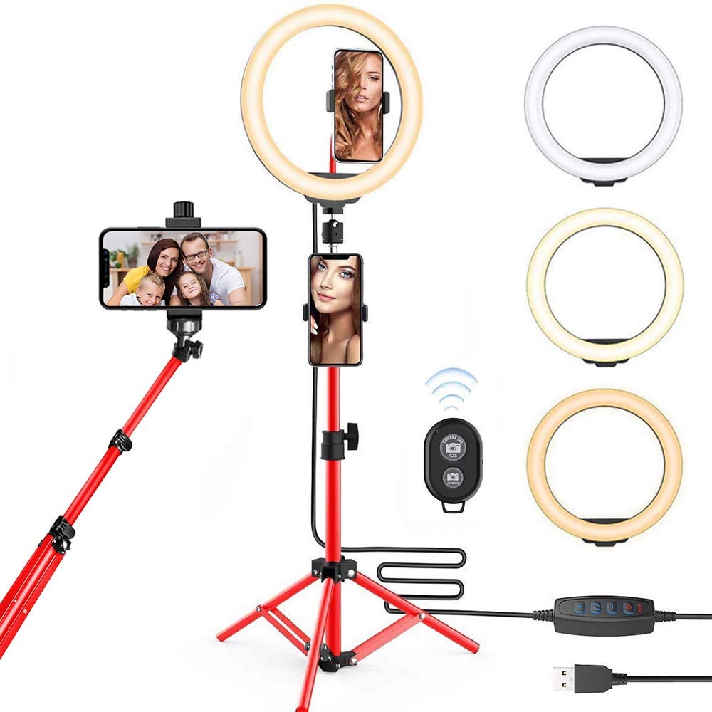 10" Ring Light with Tripod Stand & Phone Holder, Selfie Ring Light with 3 Color Modes and 10 Brightness for Live Streaming, Camera, Video Makeup, Photography