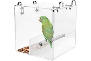 HOSUKKO No Mess Bird Feeder for Cage - Automatic Bird Feeder Transparent Food Container Acrylic No Spill Cage Seed Catcher with Stainless Steel Hooks for Parrot Parakeet Cockatiels Lovebirds