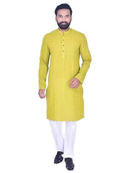 Men's Lime Green Full Sleeve Regular Fit Banded Collar Striped Kurta