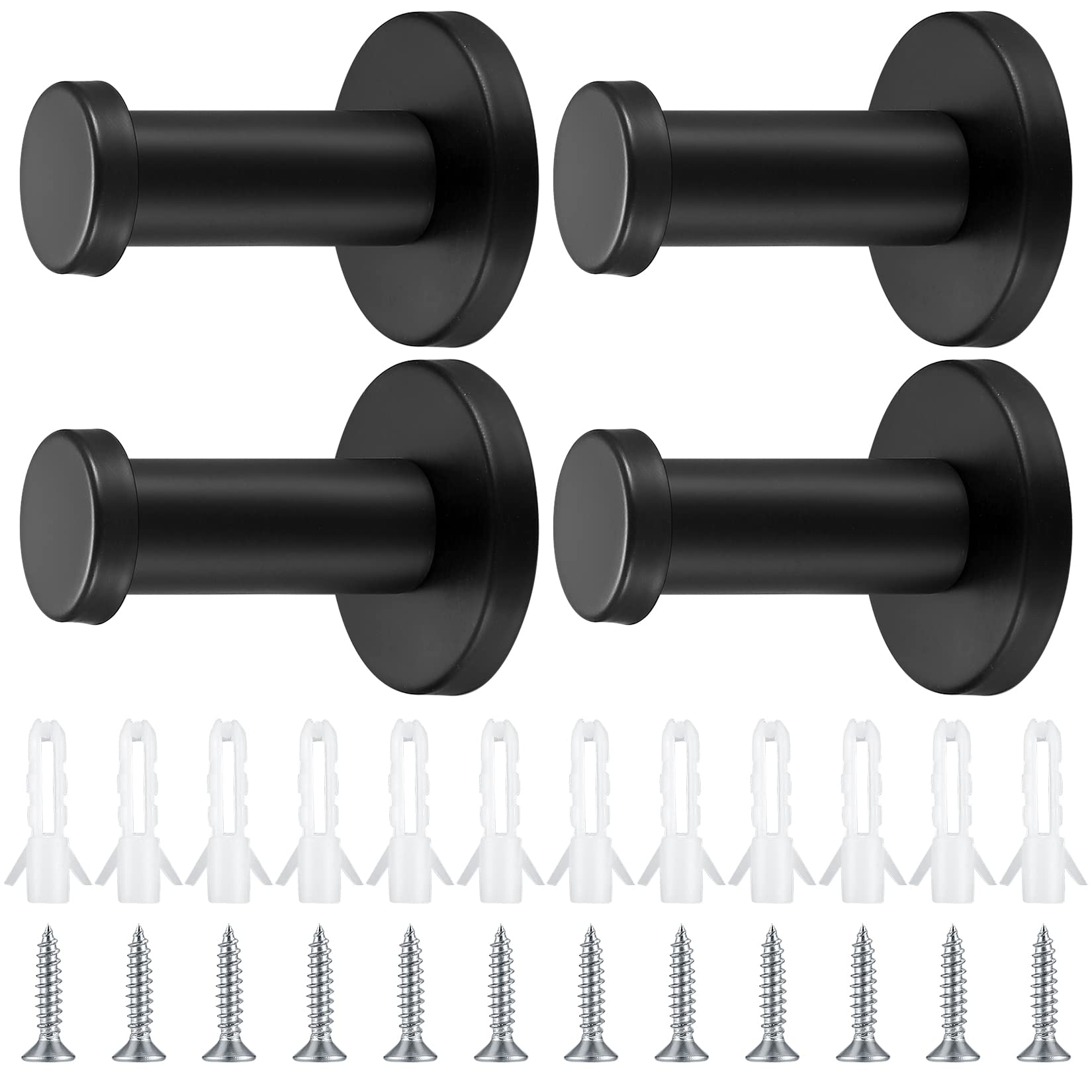 qiwuhai 4-Piece Round Black Clothes Hooks Set, Stainless Steel Towel Hooks, Metal Wall Mounted Coat Hooks, Wardrobe Hooks with Screws for Bathroom, Kitchen, Bedroom - 50mm/2inch