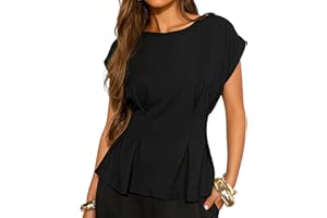 TZLDN Womens Peplum Tops Dressy Casual Cap Sleeve Crew Neck Work Blouses Summer Pleated Business Dress Shirts