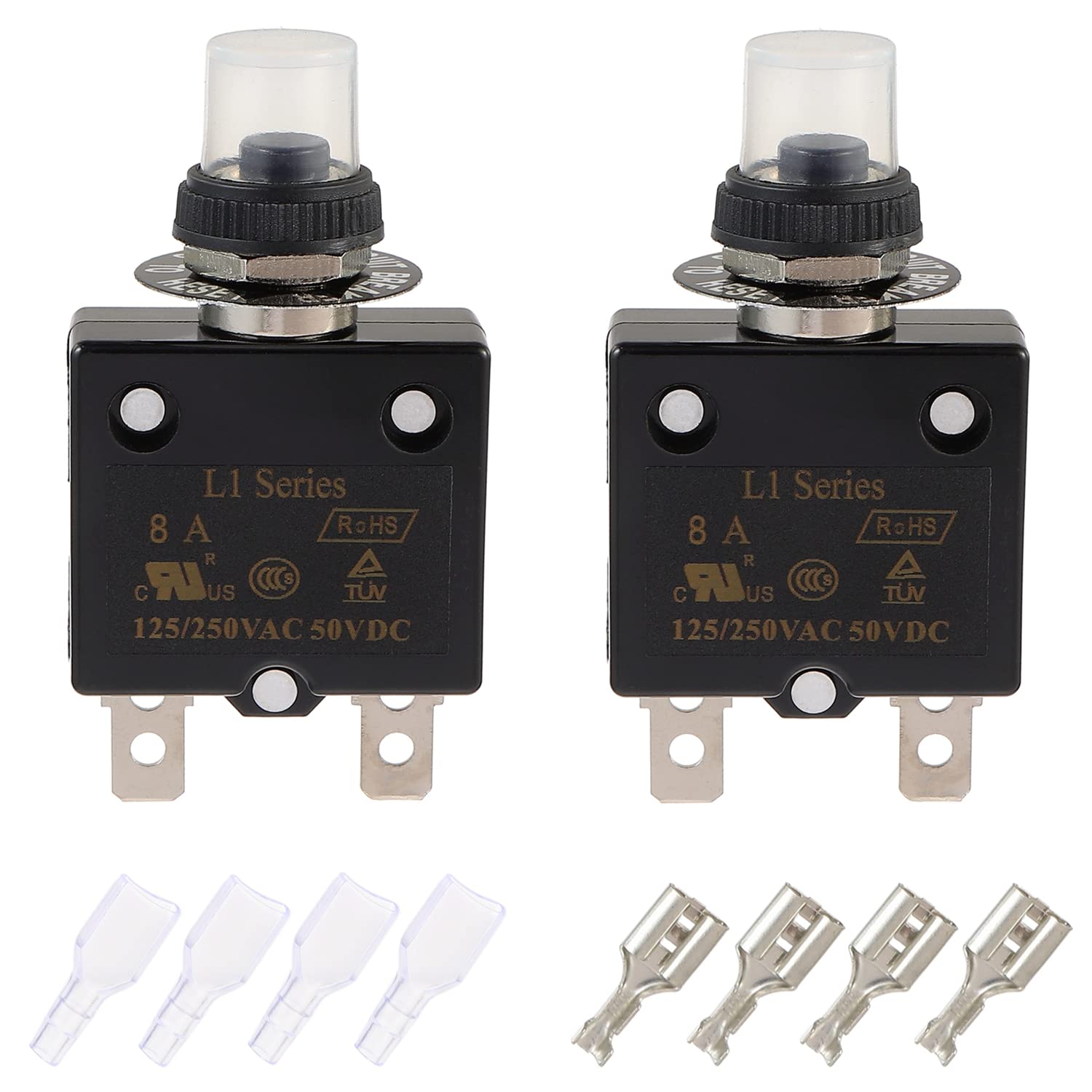 EPLZON 8A Manual Reset Push Button Circuit Breaker 125/250V AC 50V DC Thermal Overload Protector with Quick Connect Terminals and Waterproof Button Caps Assortment Kit(pack of 2 pcs)