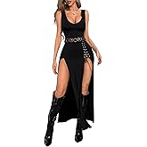 GothDark Vintage Black Goth Dress High Slit V Neck Eyelet Rope Sexy Party Club Prom Dresses