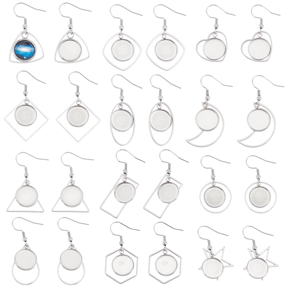 UNICRAFTALE About 12 Pairs 12 Styles Stainless Steel Earring Bezel Trays Glass Blank Dome Dangle Earrings Cabochon Settings Wire Earring Hooks with Round Glass Cabochon Trays for Jewelry Making