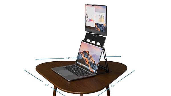 HNL PORTABLE MONITOR STAND, IPAD & TABLET HOLDER, CLAMP RETENTION, FOLDABLE, MOUNTABLE SMALL DESK, SUPPORTS 7.75 INCH TO 10.75 INCH SCREEN WIDTH, TRAVEL WITH LAPTOP, BLACK