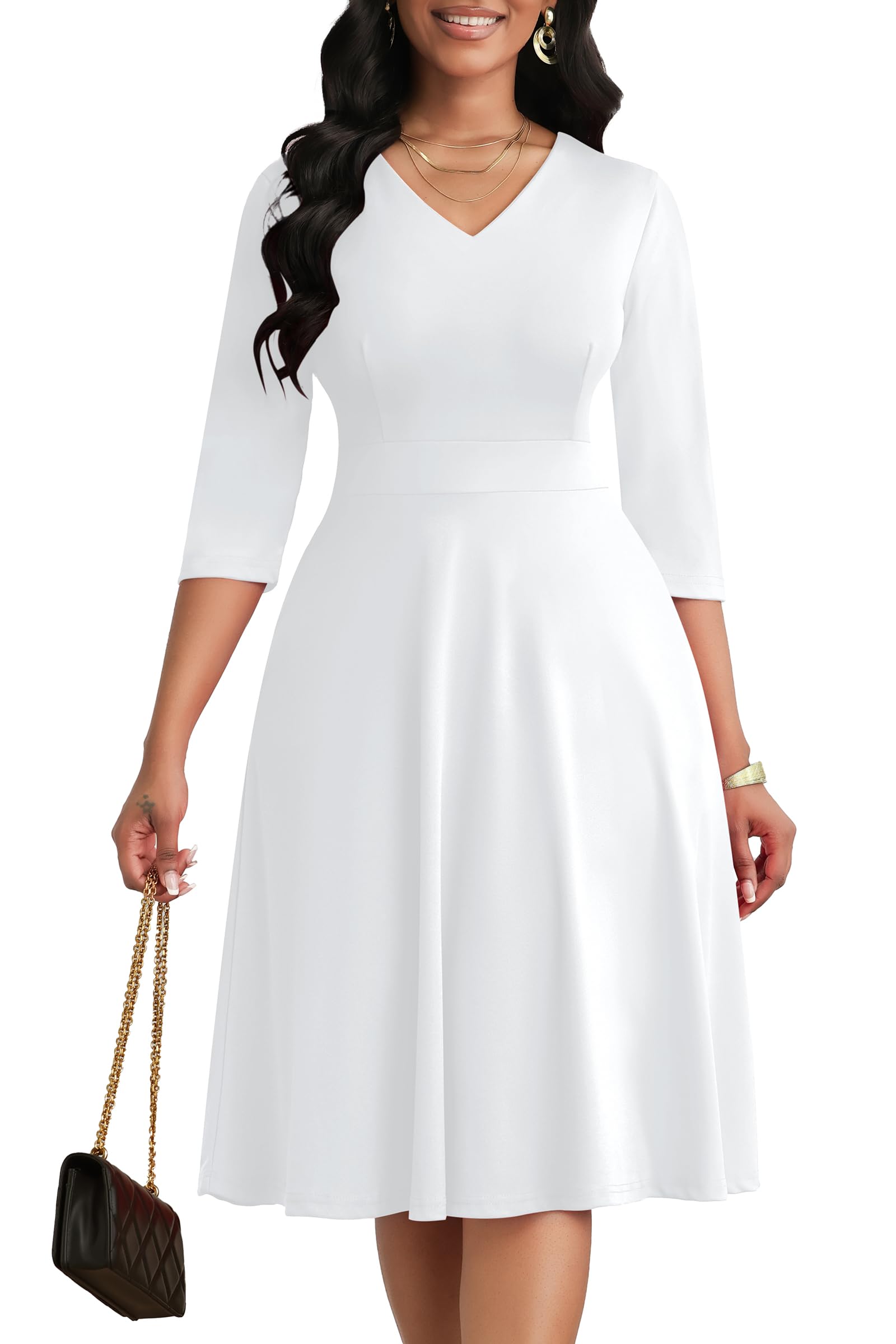 CLOCOR Casual Dresses for Women Semi Formal Fit and Flare Dress A-Line V-Neck 3/4 Sleeve Church Dresses with Pockets White size L for sale | Denton, TX