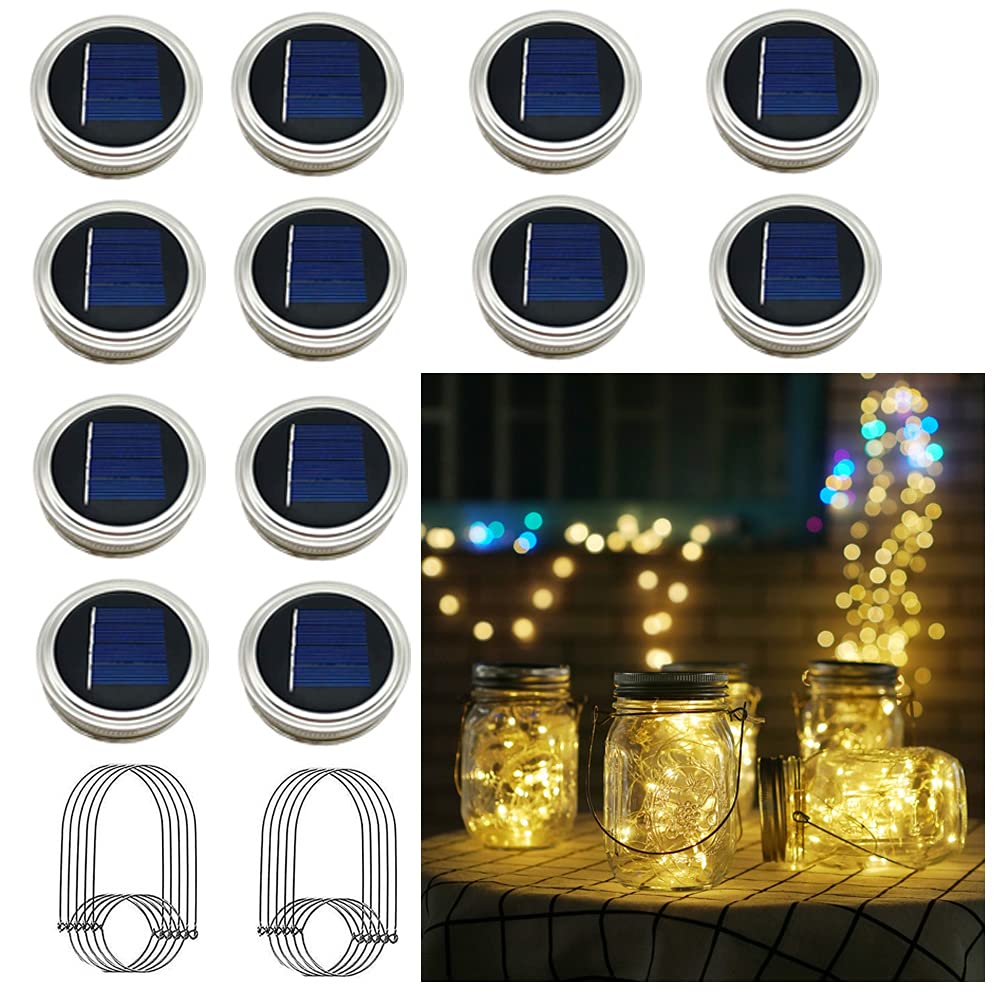 Solar Mason Jar Lights, 12 Pack 30 LED Waterproof Lid Light with Hangers (No Jar), Fairy Firefly Outdoor String Lights for Regular Mason Jar, Patio, Yard, Garden, Wedding Decoration (Warm White)