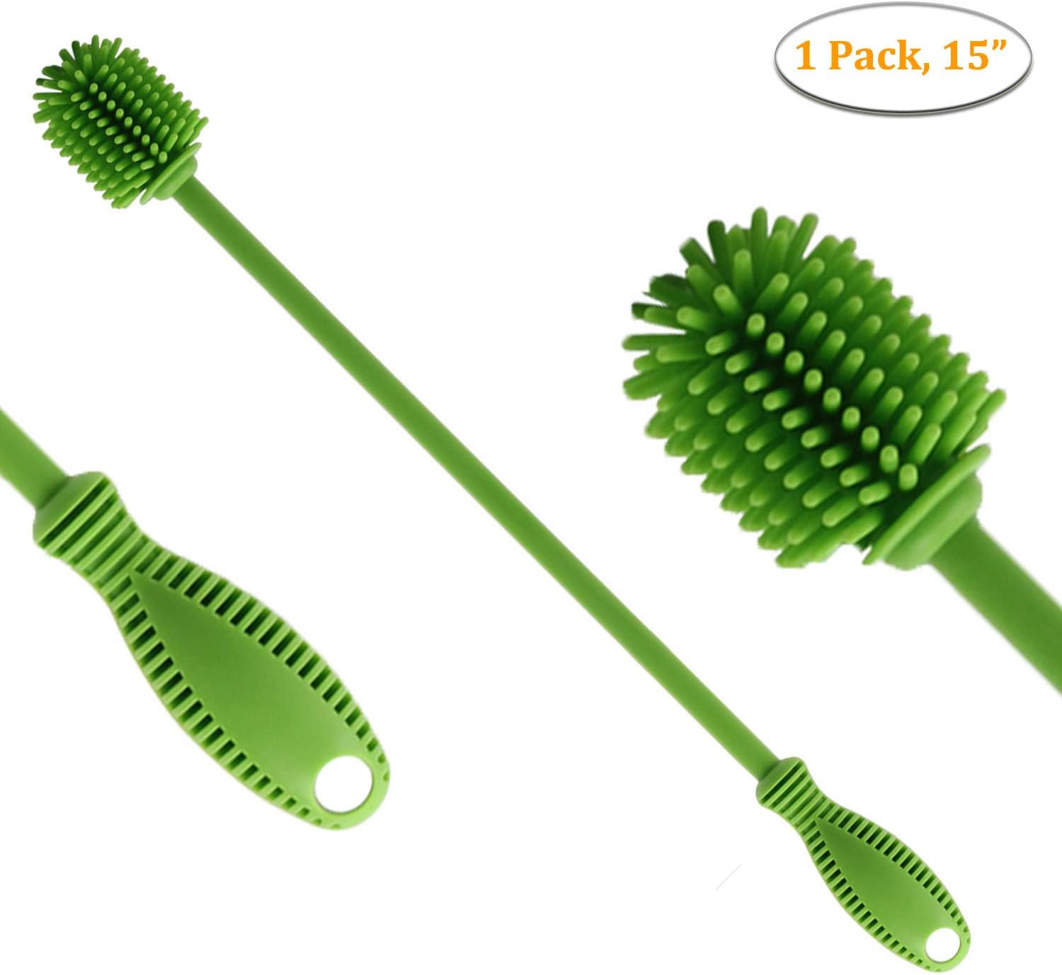 Durable Water Bottle Cleaning Brush, 15 inches Silicone Bottle Brush Cleaner for Washing Vase, Galssware, Sports Bottle, S'well, Yeti, Hydro Flask, Thermos, Cup, Mug, Jar, Tumbler, (Green)