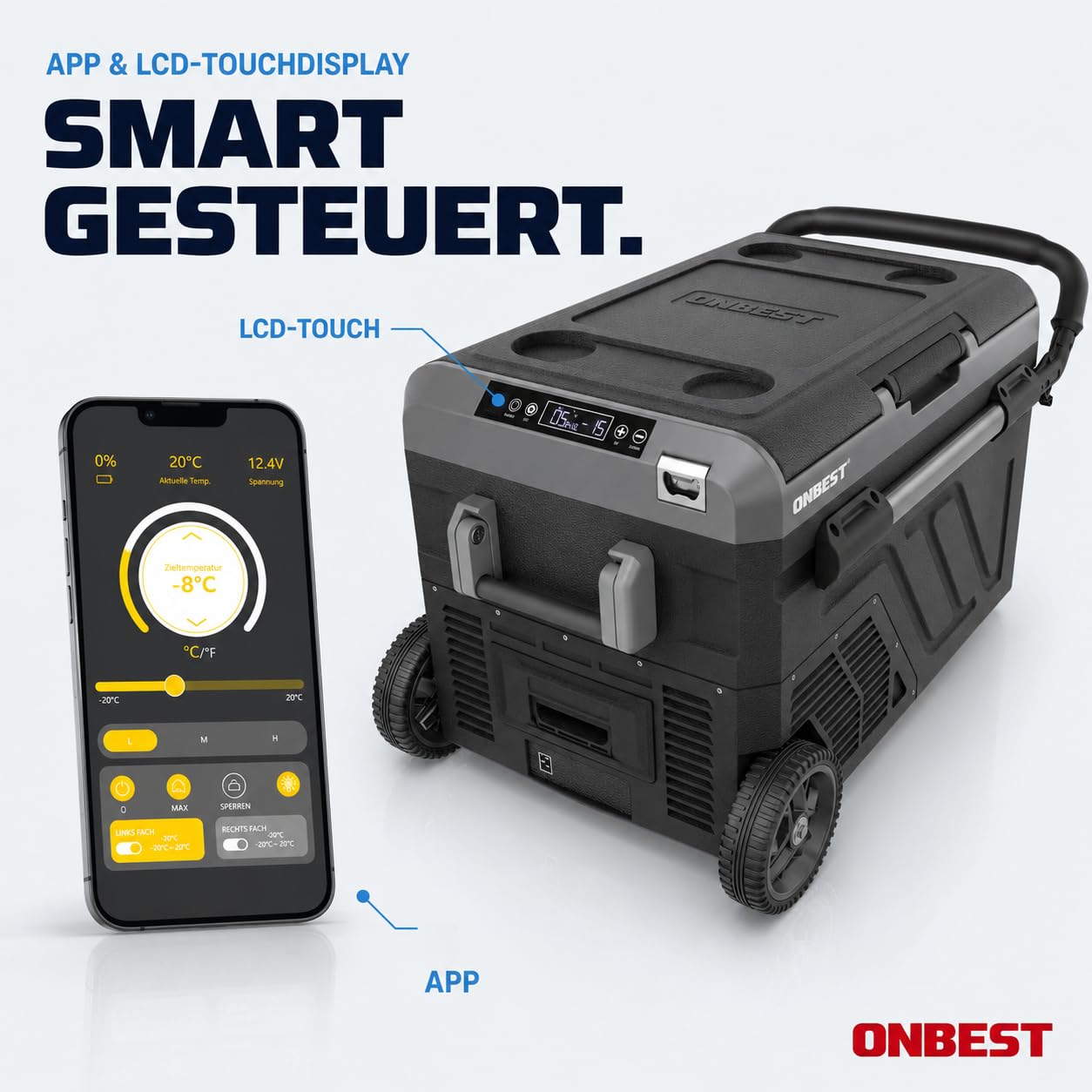 ONBEST XXL Kompressor Kühlbox – Große 40L – Elektrische Gefrierbox & Teleskophandgriff – 12V & 230V Stromanschluss – Mobile Kompressorkühlbox mit integriertem Zubehör – Autokühlboxen 5