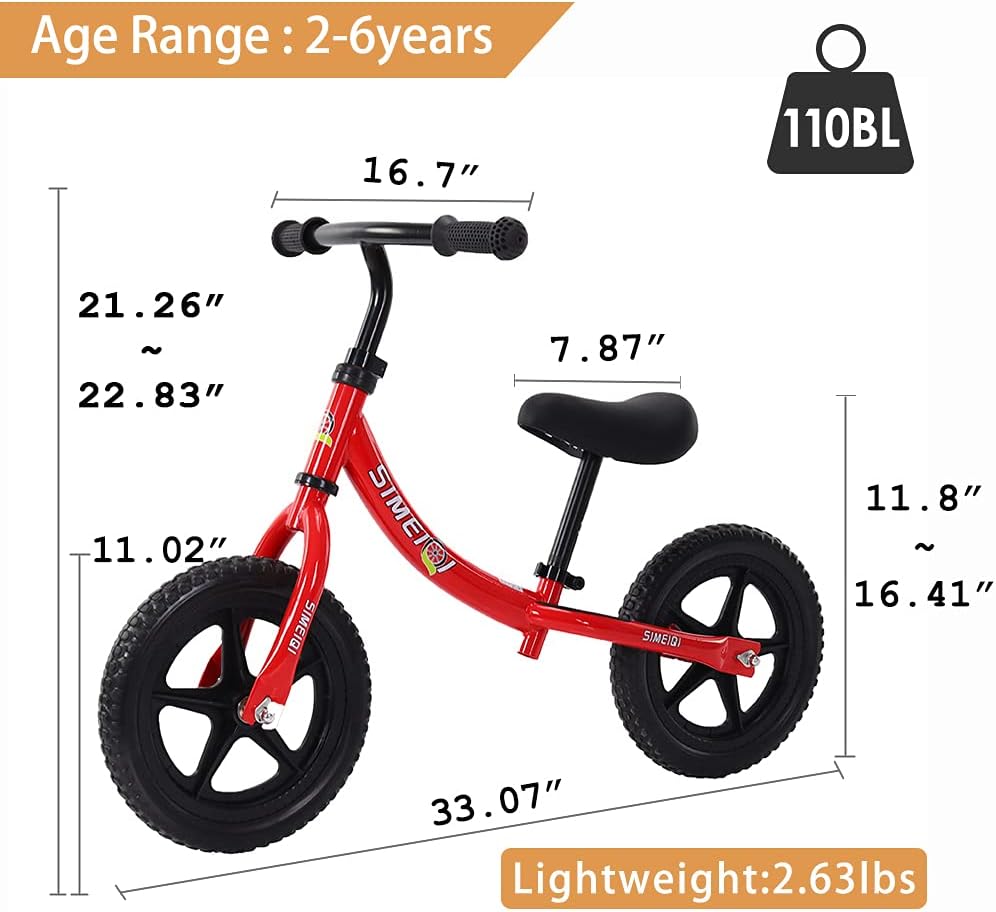 12“ Sports Balance Bike for Boys Girls 2 3 4 5 6 Years Old No Pedal Lightweight Walking Balance Training Sports Bicycle for Kids Toddlers (Red): Sports & Outdoors