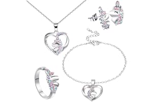GHAZAWET Unicorn Crystal Jewelry Set 4PCS Kids Unicorn Necklace Bracelet Ring Earrings Hypoallergenic Gift with Jewelry Bag a