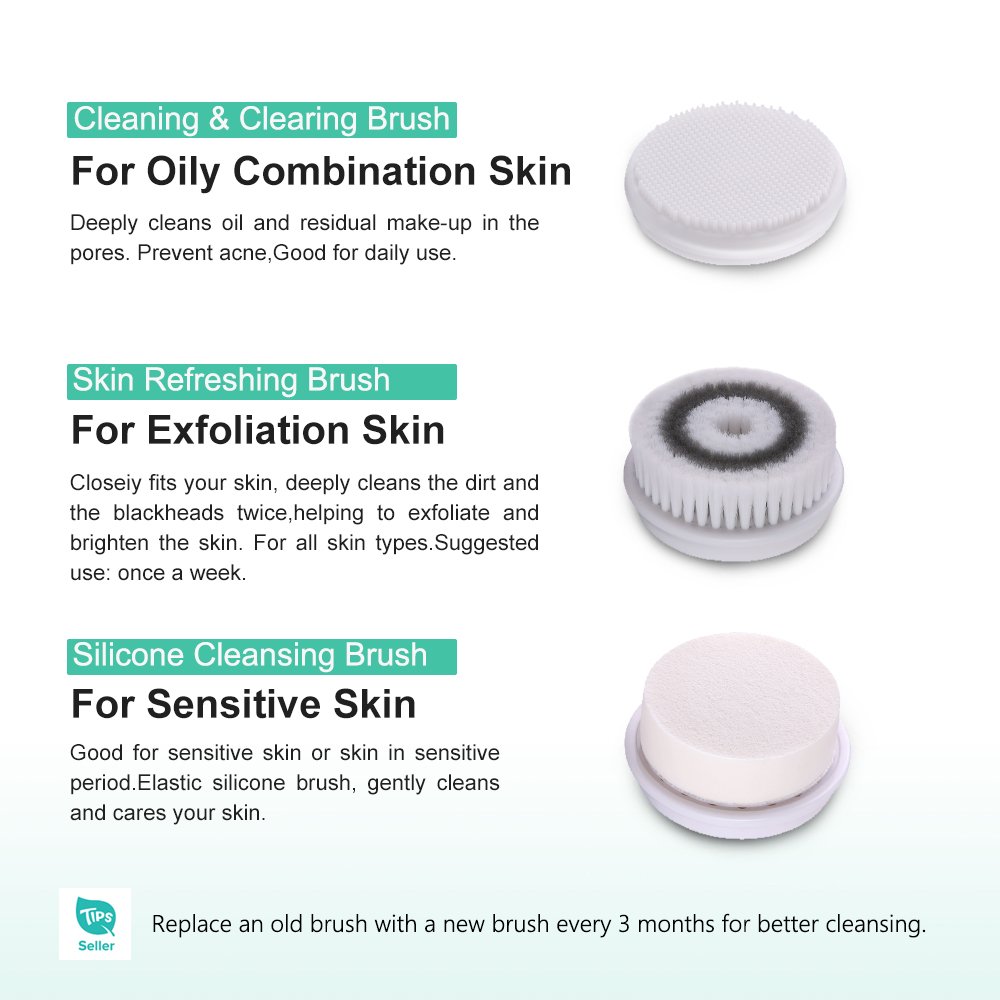TOUCHBeauty Facial Brush Skin Deep Cleansing & Exfoliating Device with 3 Spin Brushes Original & Official Manufacture Direct | Travel Case, Waterproof, Battery Powered Mint Green: Beauty
