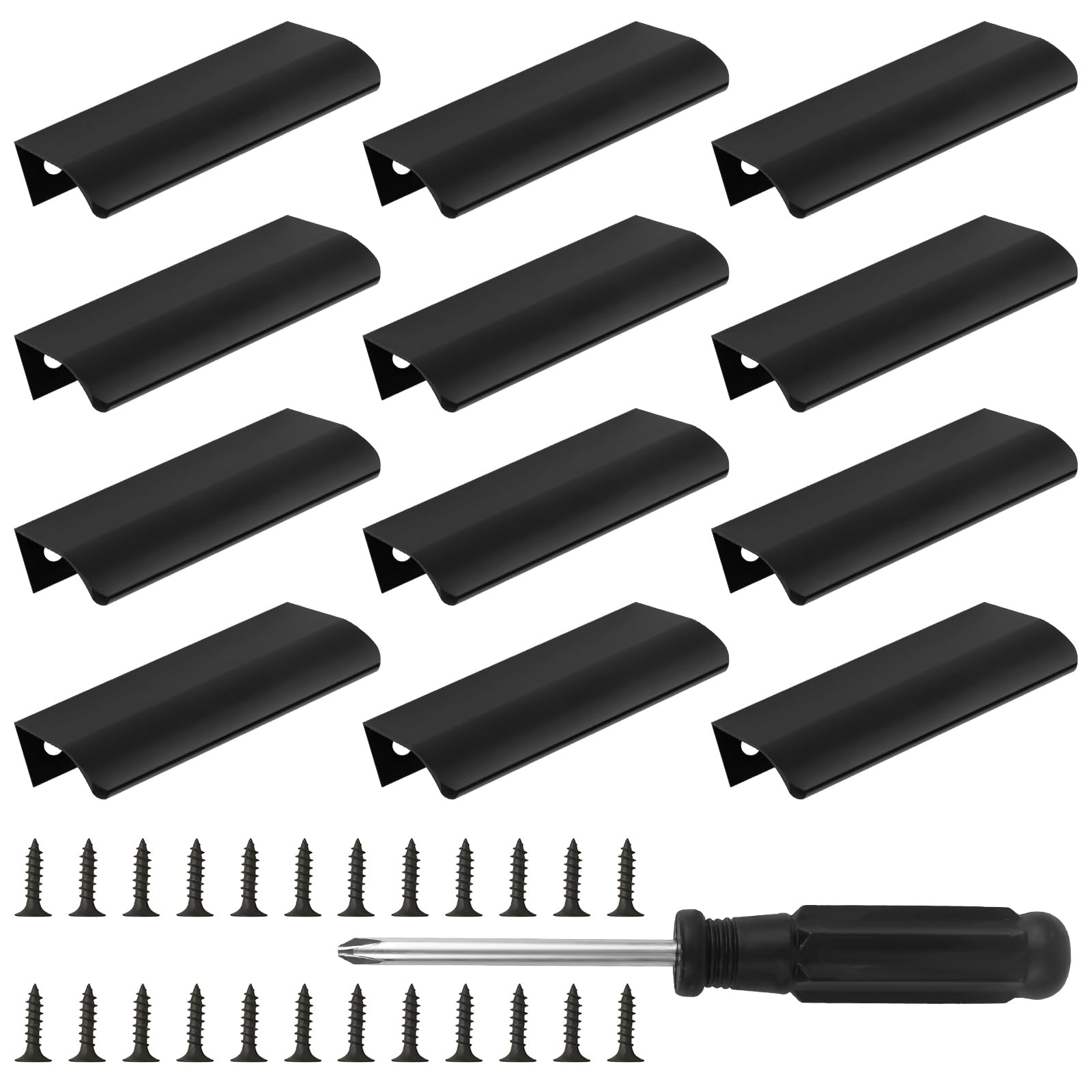 TOTSUN 12 Pack Concealed Kitchen Door Handles, 60mm Hole Center Hidden Drawer Pulls, Aluminum Alloy Curved Black Kitchen Handles with Screws and Screwdriver, 80mm Total Length