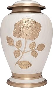 Ansons Urns Silver Rose Cremation Urn - Funeral Urn with Large Flower on Enamel - Burial Urn for Human Ashes Adult Size - 100% Brass (White-Gold)