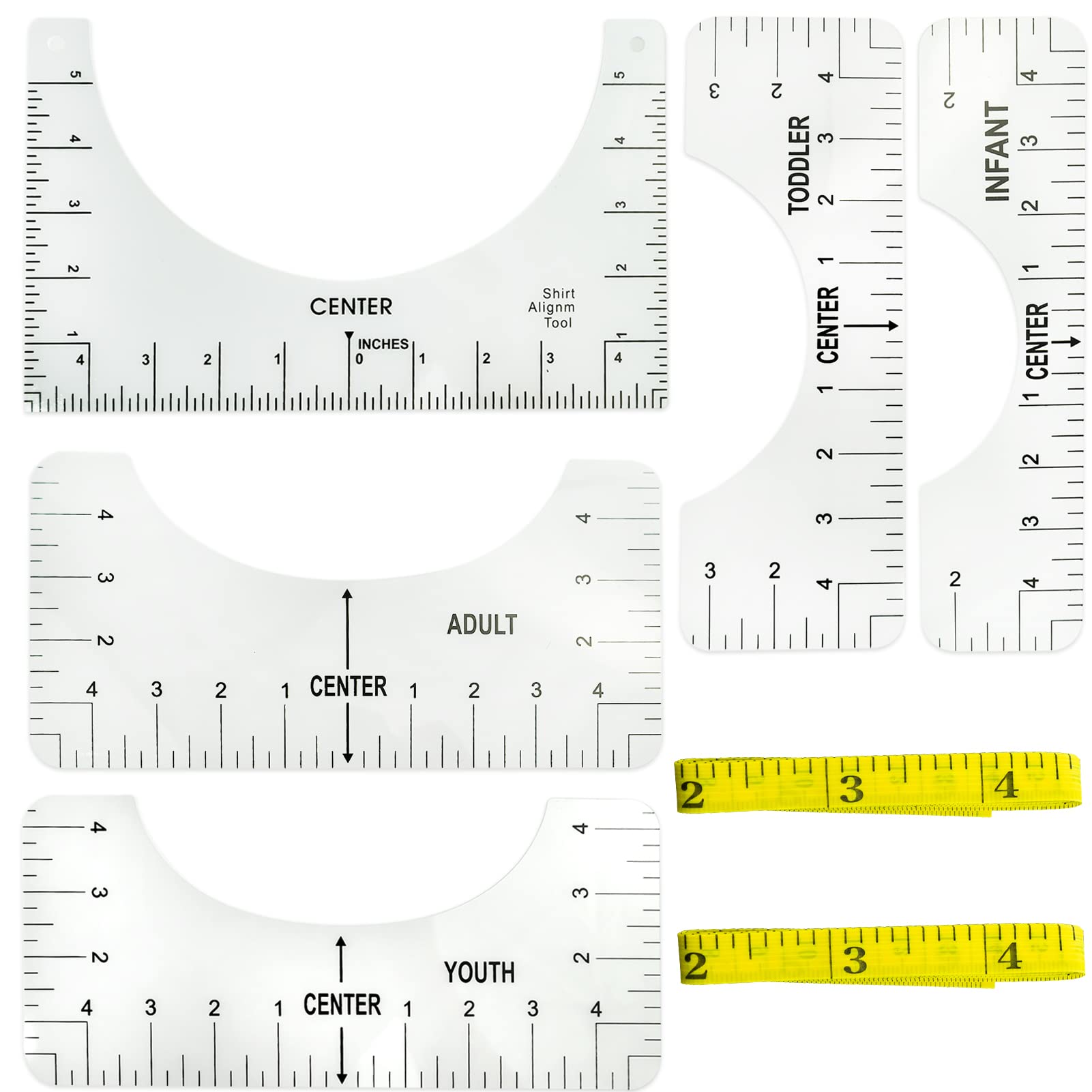 SZXMDKH 5 Pcs T-Shirt Alignment Tools with 2 * Measure Tape Tshirt Ruler Guide T-Shirt Centering Tool 5 Sizes T-Shirt Alignment Ruler Set with Clothing Size Chart