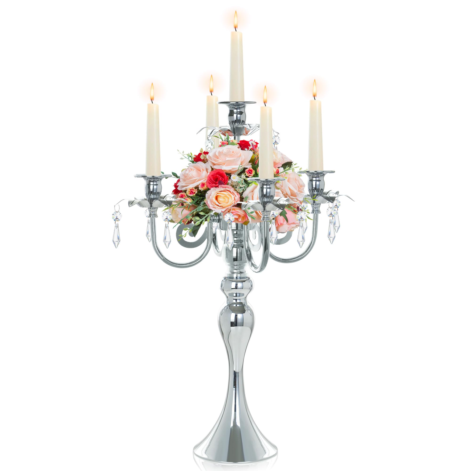 Photo 1 of 20.3'' Tall 5 Arm Candle Holder Centerpiece for Table, Metal Candelabra Candle Holder, Retro Candlestick Table Centerpieces for Party, Events, Home, Wedding Decor (1Pc, Silver)
