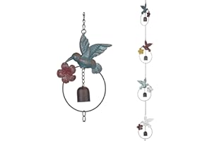 Jemeni 8.5' Length Flamed Hummingbird and Bell Rain Chain, Hanging Outdoor Garden Ornament, Colorful……