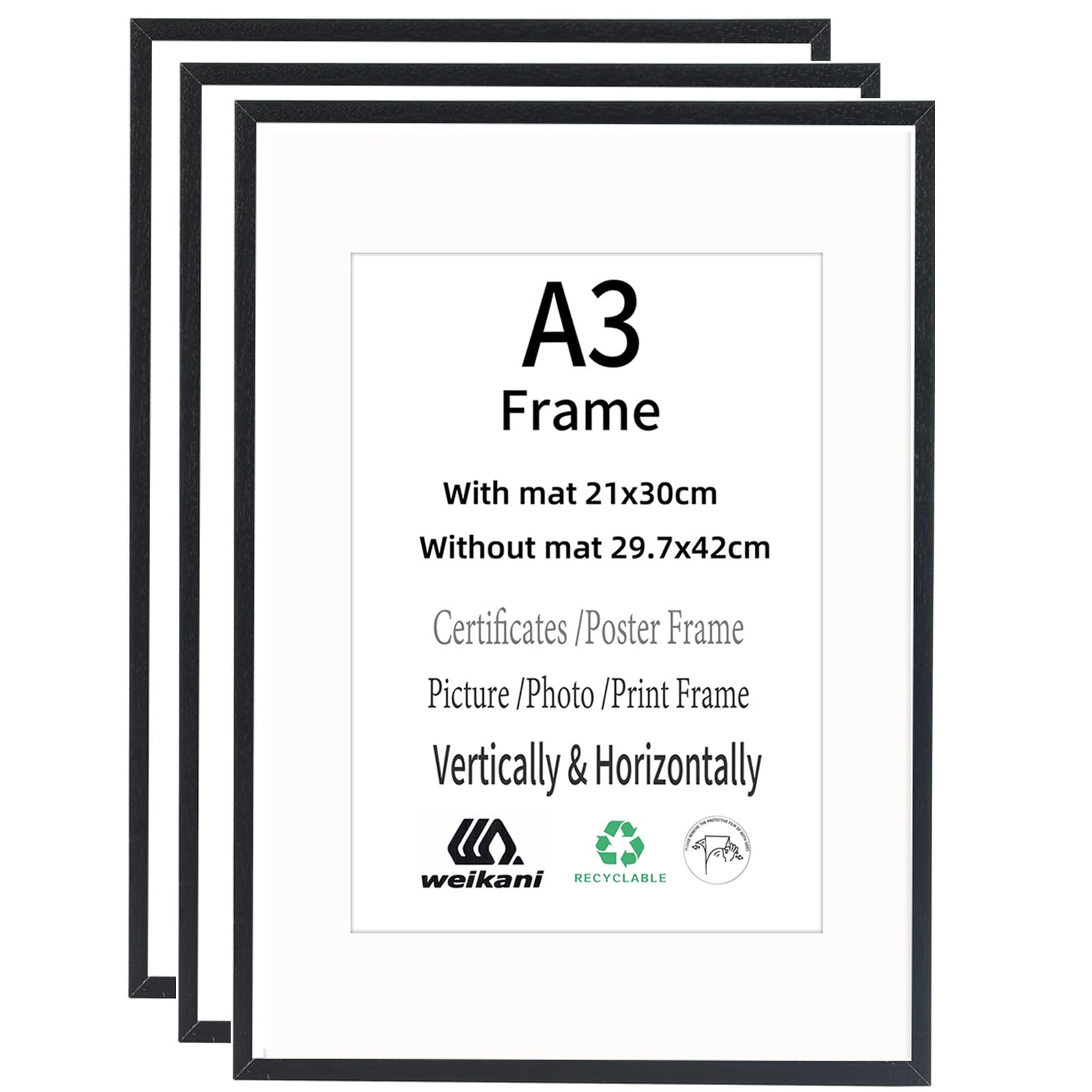 Weikani 3 Pack A3 Black Wooden Picture Frame with A4 Mat, 29.7x42 cm, Collage Frame with Plexi-glass for Wall Mount or Table Top Display