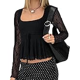 Women Lace Long Sleeve Going Out Tops Square Neck Y2k Flowy Ruffle Babydoll Shirt