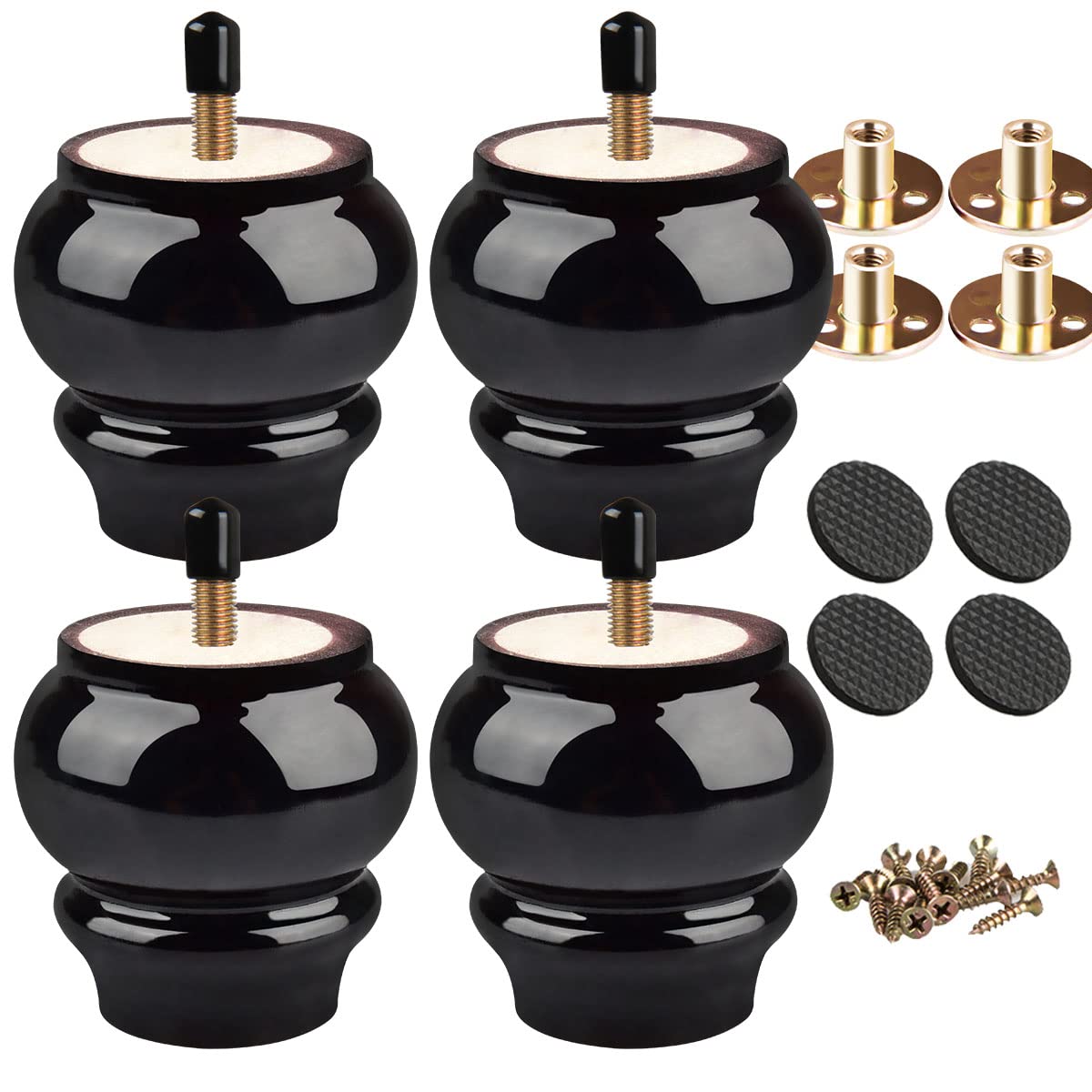 Btowin 3.2 Inch / 8cm Solid Wood Furniture Legs, 4Pcs Black Round Gourd Wooden Bun Feet with Threaded M8 Hanger Bolts & Mounting Plate & Screws for Sofa Couch Cabinet Chair Ottoman
