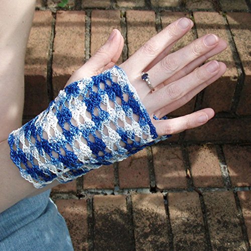 Delft Blue Fingerless Crochet Lace Gloves Size Small
