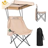 YOUNG WOOD Portable Camping Chair Beach Chair with Shade Canopy, Fold Lightweight Oversized Suit for All, Easy to Open,Close Without Installation, Side Pocket Design for All Outdoor Activities,Khaki