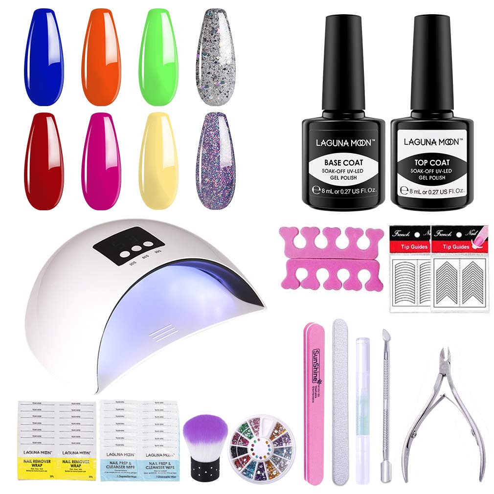 Gel Nail Polish Kit - 36W UV LED Dryer & Starter Set with 8 Colours, Base Coat & Remover - DIY or Salon Use (8 x 8ml)
