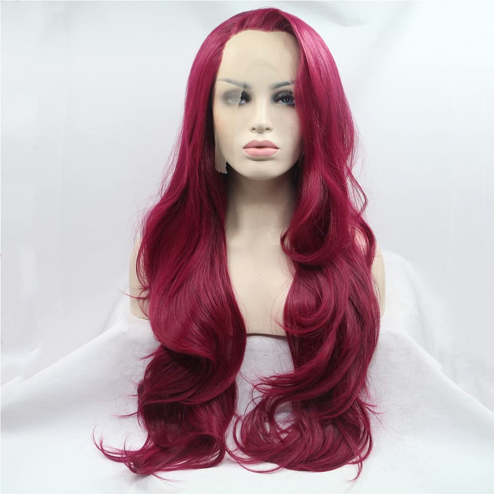 xiweiya Wigs Long Burgundy Hair Wine Red Wig Silky Soft Side Part Wavy Hair Wig Soft Lace Front Wig Heat Resistant Synthetic Wig For Women Glueless Wig Makeup for Drag Queen Halloween Cosplay, 24