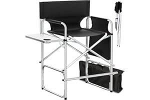 BRLJUNEO Makeup Artist Chair, 41'' Foldable Tall Directors Chairs w/Side Table Cup Holder Storage Bag and Footrest, Portable Makeup Chair, 400LBS Load Capacity, Black