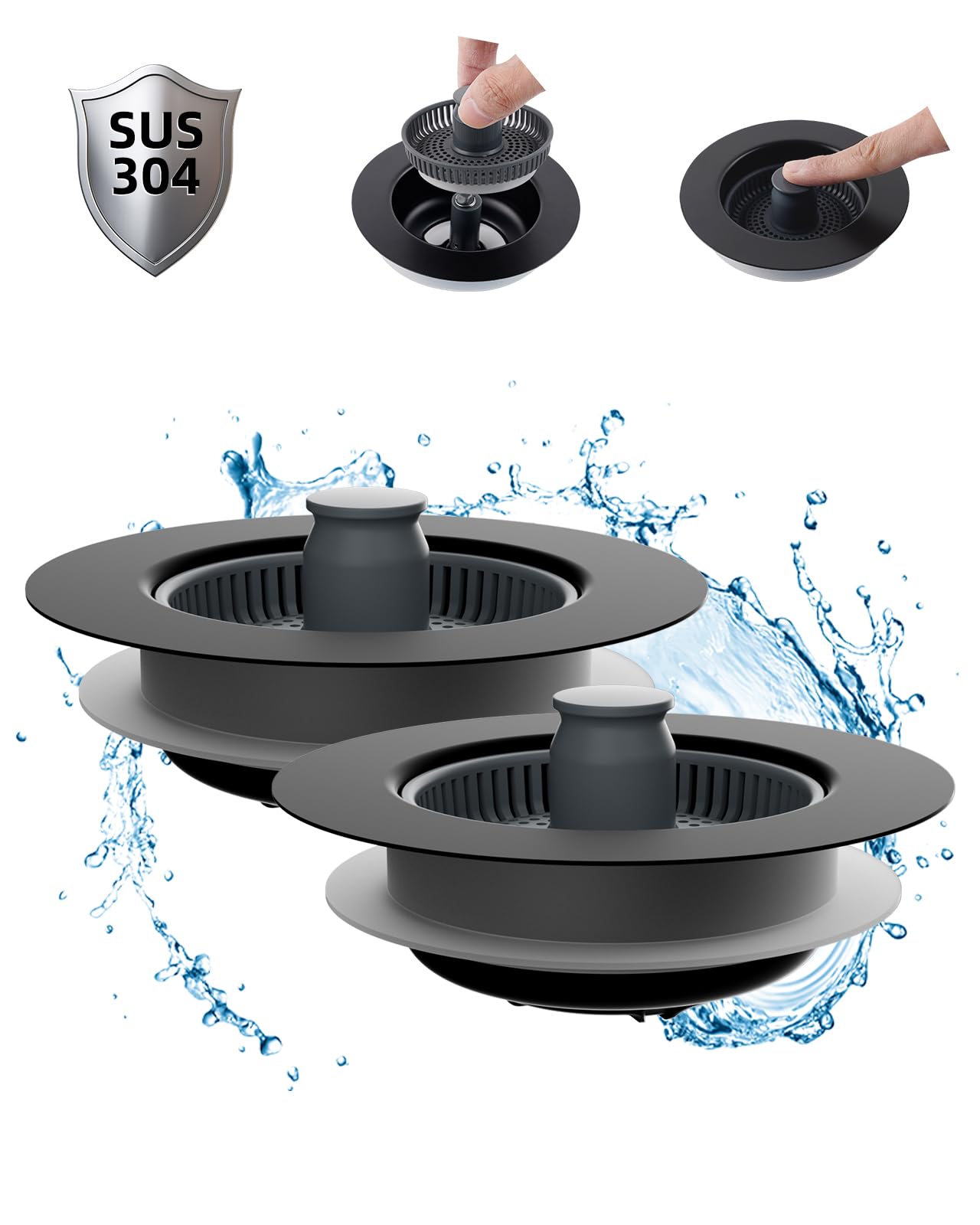 Photo 1 of Hibbent 2 Pack 3 in 1 Kitchen Sink Drain Strainer and Stopper Combo, Stainless Steel Metal Pop Up Sink Stopper, Anti-Clogging Basket Strainer with Handle for US Standard 3-1/2 Inch Drain, Black