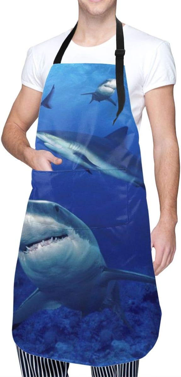 Aeoiba Shark Swim Blue Ocean Kitchen Aprons for Women Waterproof Men Aprons of Bar Restaurant Artists Aprons with 2 Pockets